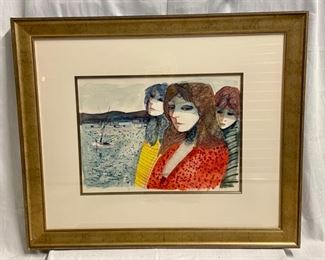 INV #23: Charles Levier original artwork, French Street Women,  mixed media modernist  H 16' x W 23" (with certificate)