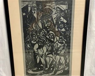 INV #34: Signed Dane Chanase street protestors scene, H 19.5" x W 12"