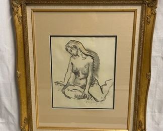 INV #39: Moses Soyer Nude seated lady pencil drawing, H 12" x W 10"