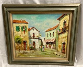 INV #43: Spanish street scene painting signed Voilia, H 19.5" x W 23.5"