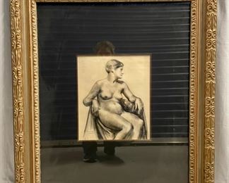 INV #44: Raphael Soyer pencil drawing, nude seated woman, H 13" x W 11"