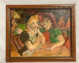 INV #46: Al Wenig painting, two women at cocktail table, H 15.5" x W 19.5"