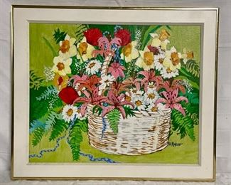 INV #52: Pat Mayhew signed flower basket painting, H 17.5" x W 21.5"