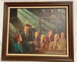 INV #57: J. Richter 1982 court scene oil on canvas painting titled "The Effect of Counsel in the Drama of Justice", H 23" x W 29"