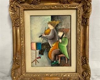 INV #61: J. Roybar string musicians painting, H 9.5" x W 8", Modernist Figural oil painting