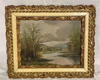 INV #62: River landscape painting signed "White", H 9" x W 12"