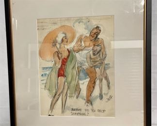 INV #66: Unknown artist watercolor, "Madam Did You Drop Something?" H 10" x W 8"