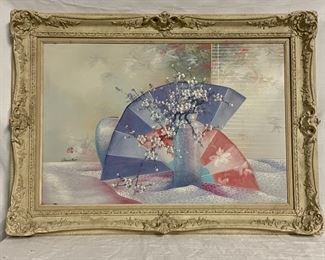 INV #70: Still life oil painting of oriental fans and vase signed David Hart, H 23" x W 35"