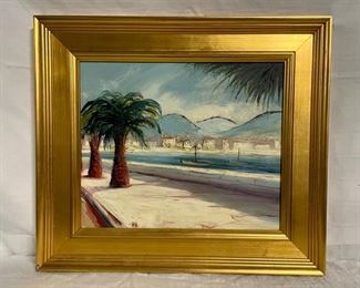 INV #71: Beach scene painting initialed RD, Raoul Difu oil on canvas, C. 1940s, H 14" x W 18"