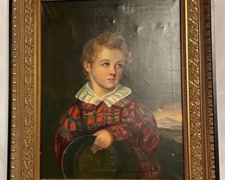 INV #72: Antique oil painting of young boy wearing red and green, handwritten on back reads "Uncle Harvey 1824, 1866 copied by Marie King" H 28" x W 21"