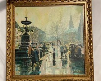 INV #75: Denmark street scene painting of Storkespringvandet, København by artist Don MacFarlane, H 33" x W 33"