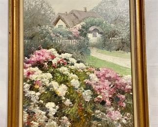 INV #78: Painting of cottage surrounded by pink and white flowers, artist unknown. H 29" x W 23"