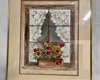 INV #85: Watercolor of red flowers in window box signed Palmer, H 18" x W 14"