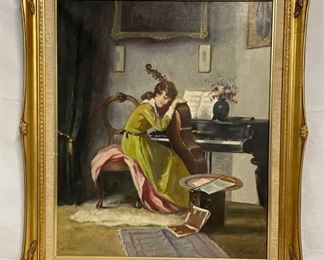 INV #86: Antique Young girl holding cello, signed L. Manotti, oil painting, H 23" x W 19"