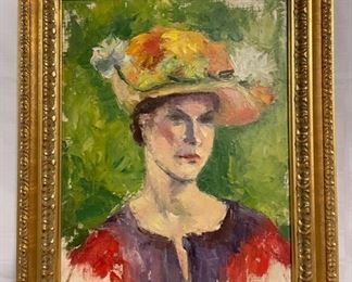 INV #88: Woman in floral hat, American post-impressionist oil painting, artist unknown H 19" x W 15"