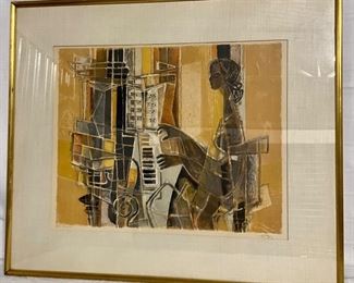 INV #89: Modern mixed media abstract woman playing piano, artist Gilbert Darling, H 16.5" x W 20"