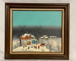 INV #91: Tamar Markova European oil painting, winter village scene, H 19" x W 23"