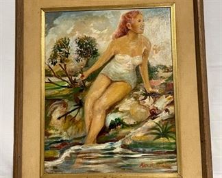 INV #94: Girl in White Swimsuit painting signed Alex R. Jose, H 19.5" x W 16"