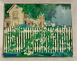 INV #99: Pat Mayhew signed painting, House with white picket fence, H 24" x W 30"
