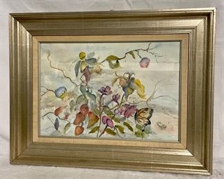 INV #102: Original watercolor painting of flowers and monarch butterfly, H 13" x W 19"