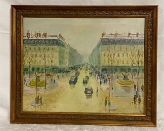 INV #107: Belgium street scene, antique impressionist cityscape oil painting signed Lewin, C. 1947, H 18" x W 23"