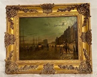 INV #115: Albert Mungard Moonlight Figural Dock Harbor Cityscape Oil Painting, H 11" x W 15"