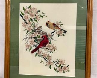INV #116: Vintage Cardinal bird parents with babies in nest embroidery art, H 14.5" x W 11"