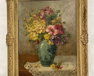 INV #119:Antique still life oil painting of flower bouquet in blue vase, signed S. Hertzstein, after Adolf Heiztein H 17" x W 13.5"