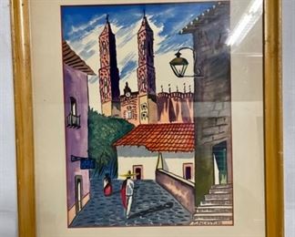 INV #122: Taxco, Mexico street scene signed C. Palestine, Watercolor painting, H 11" x W 8.5"