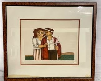 INV #133: Red and White dressed farming couple, signed, H 10" x W 13"