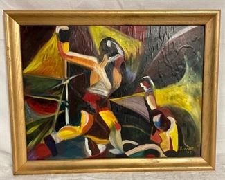 INV #134: Abstract painting of boxers signed F. Barrett, 1957, H 17" x W 23"