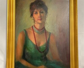 INV #158: M. Soyer painting, Woman in green dress with red necklace, H 27" x W 21"