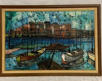 INV #161: Palette knife oil painting of fishing boats, C. 1940s. H 24" x W 36"