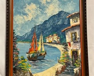 INV #162: Signed original painting mountain and shoreline landscape, H 36" x W 24"