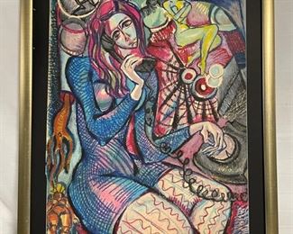 INV #163: Sacha Zaliouk, Surrealist pastel abstract of woman on telephone, H 32.5" x  W 22.5"