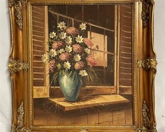 INV #164: Signed James Camil original oil painting of pink and white flowers on windowsill in blue vase, C. 1972, H 24" x W 20"