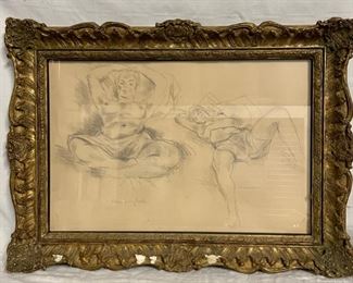 INV 166: Moses Soyer Pencil sketch of two figures lying back in bed, H 15" x W 23"