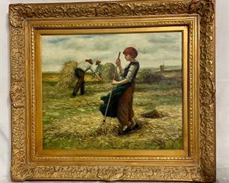 INV #165: Signed Alex original oil painting of farm girl raking hay, H 20" x W 24"