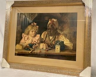 INV #167: Harry Roseland artwork, old woman and girl making cake lithograph, original piece C. 1901, H 19" x W 25.5"