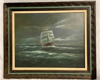 INV #168: Patrick T. Collins 1973, three mast sailboat on stormy seas, H 22.5 x W 28"