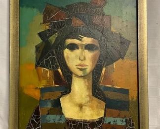 INV #169: Portrait painting of woman with dark eyes, signed (artist unknown), H 29.5" x W 23.5"