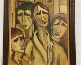 INV #174: Artist Rubin, Modern Figural Cubist oil on canvas painting, four figures, H 29.5" x W 23.5"