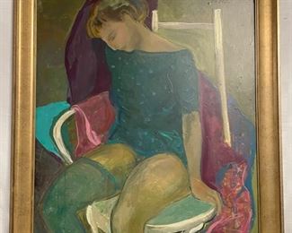 INV #173: M Soyer painting, woman with teal stocking, H 31" x W 27"