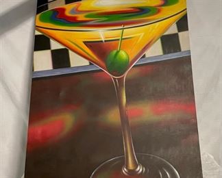 INV #180: Signed Marcoux modern impressionist oil on canvas painting of martini, H 48" x W 36"