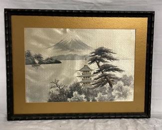INV #191: Vintage Japanese embroidery artwork, Mt. Fugi and temple, H 10" x W 14.5"