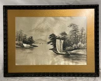 INV #192: Vintage Japanese embroidery artwork, sailboats below Mt. Fuji, H 10" x W 14.5"