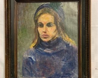 INV #205: Painting of woman in blue sweater, artist unknown