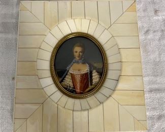 INV #203:                                                                                         Portrait of Marie Antoinette                                                               Signed Dimarch,  Celluloid bone frame