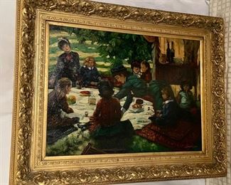 INV #212: Signed impressionist oil painting of Victorian women and children on picnic, H 30" x W 40"