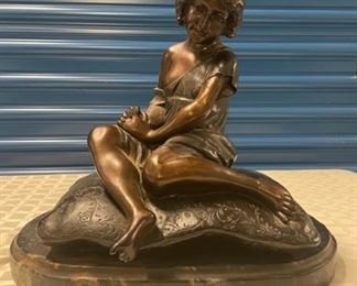 INV #224:                                                                                          Bronze  Girl on Pillow                                                                       By M. Moreau                                                                              Marble base